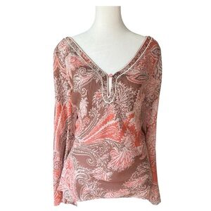 Women's Paisley Silk Blouse Coral Cream Beaded Flare Sleeve Top Size 16